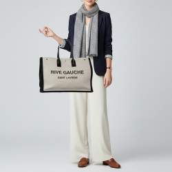 Pre Owned Saint Laurent Rive Gauche Large Beige Canvas Leather Tote