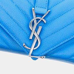 Pre Owned Saint Laurent Paris Blue Baby Grained Calfskin Chevron Classic Monogram Chain Bag