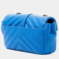 Pre Owned Saint Laurent Paris Blue Baby Grained Calfskin Chevron Classic Monogram Chain Bag
