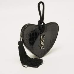 مملوكة مسبقًا Saint Laurent Heart Tassel Black Croc Embossed Patent Leather Clutch