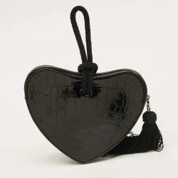 مملوكة مسبقًا Saint Laurent Heart Tassel Black Croc Embossed Patent Leather Clutch