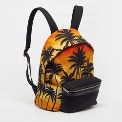 Pre Owned Saint Laurent City Orange Palm Tree Sunset Print Canvas Backpack
