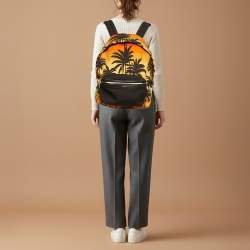Pre Owned Saint Laurent City Orange Palm Tree Sunset Print Canvas Backpack