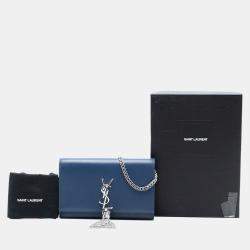 Pre Owned Saint Laurent Paris Blue Smooth Calfskin Monogram Kate Tassel Wallet on Chain