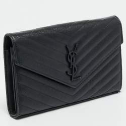 Pre Owned Saint Laurent Envelope Black Matelassé Leather Wallet On Chain