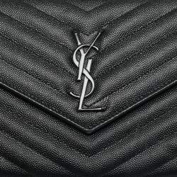 Pre Owned Saint Laurent Envelope Black Matelassé Leather Wallet On Chain