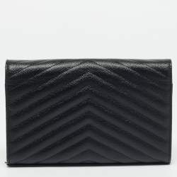 Pre Owned Saint Laurent Envelope Black Matelassé Leather Wallet On Chain