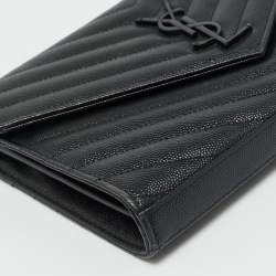 Pre Owned Saint Laurent Envelope Black Matelassé Leather Wallet On Chain