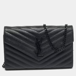 مملوكة مسبقًا Saint Laurent Monogram Envelope Black Matelassé Leather Wallet on Chain