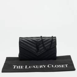 مملوكة مسبقًا Saint Laurent Monogram Envelope Black Matelassé Leather Wallet on Chain