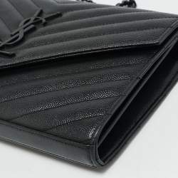 مملوكة مسبقًا Saint Laurent Monogram Envelope Black Matelassé Leather Wallet on Chain