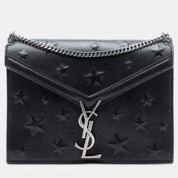 Pre Owned Saint Laurent Paris Black Star Embossed Calfskin Monogram Cassandra Clasp Bag