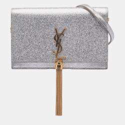 Pre Owned Saint Laurent Paris Silver Metallic Calfskin Monogram Kate Tassel Wallet on Chain