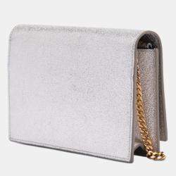 Pre Owned Saint Laurent Paris Silver Metallic Calfskin Monogram Kate Tassel Wallet on Chain