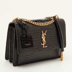 Pre Owned Saint Laurent Sunset Medium Black Croc Embossed Leather Flap Crossbody Bag