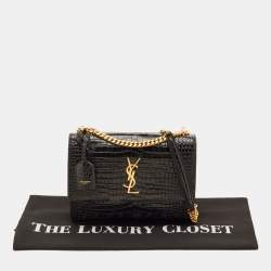 Pre Owned Saint Laurent Sunset Medium Black Croc Embossed Leather Flap Crossbody Bag