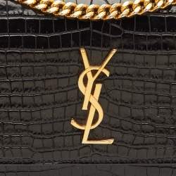 Pre Owned Saint Laurent Sunset Medium Black Croc Embossed Leather Flap Crossbody Bag