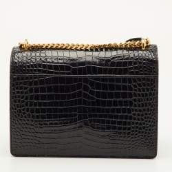 Pre Owned Saint Laurent Sunset Medium Black Croc Embossed Leather Flap Crossbody Bag