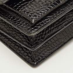 Pre Owned Saint Laurent Sunset Medium Black Croc Embossed Leather Flap Crossbody Bag