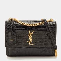 Pre Owned Saint Laurent Sunset Medium Black Croc Embossed Leather Flap Crossbody Bag