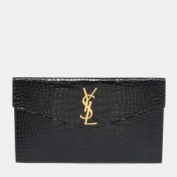 Pre Owned Saint Laurent Uptown Black Croc Embossed Leather Envelope Clutch