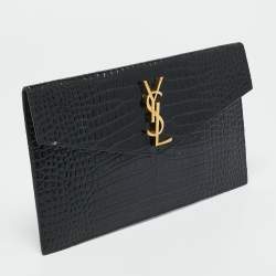 Pre Owned Saint Laurent Uptown Black Croc Embossed Leather Envelope Clutch