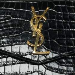 Pre Owned Saint Laurent Uptown Black Croc Embossed Leather Envelope Clutch