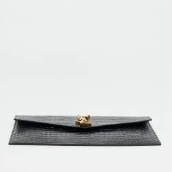 Pre Owned Saint Laurent Uptown Black Croc Embossed Leather Envelope Clutch