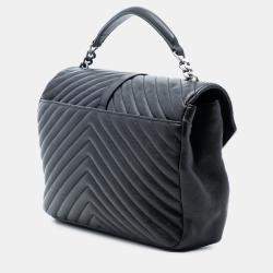 Pre Owned Saint Laurent Paris Black Large Chevron Sheepskin Monogram College Satchel