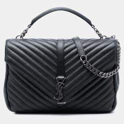 Pre Owned Saint Laurent Paris Black Large Chevron Sheepskin Monogram College Satchel