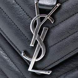 Pre Owned Saint Laurent Paris Black Large Chevron Sheepskin Monogram College Satchel