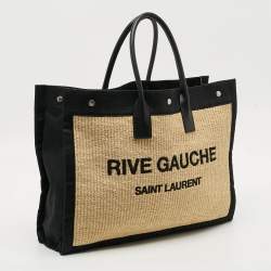مملوكة مسبقًا Saint Laurent Rive Gauche Large Black/Natural Woven Straw Tote