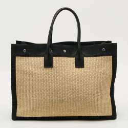 مملوكة مسبقًا Saint Laurent Rive Gauche Large Black/Natural Woven Straw Tote