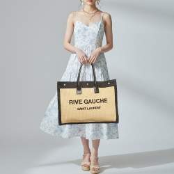 مملوكة مسبقًا Saint Laurent Rive Gauche Large Black/Natural Woven Straw Tote