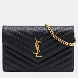 Pre Owned Saint Laurent Paris Black Grain De Poudre Cassandre Envelope Chain Wallet