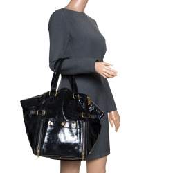 Pre Owned حقيبة يد سان لوران داونتاون كبيرة جلد لامعة سوداء