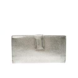 Pre Owned Yves Saint Laurent Grey Metallic Leather Turn Lock Flap Wallet