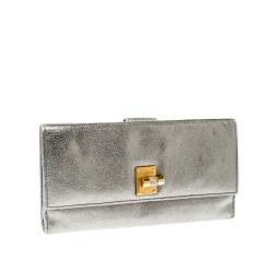 Pre Owned Yves Saint Laurent Grey Metallic Leather Turn Lock Flap Wallet