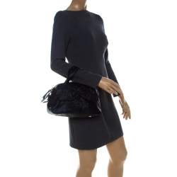 Pre Owned Saint Laurent Paris Dark Navy Blue Pleated Bow Leather Satchel