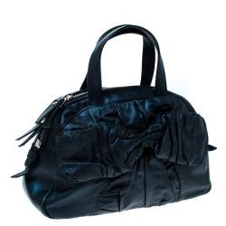 Pre Owned Saint Laurent Paris Dark Navy Blue Pleated Bow Leather Satchel