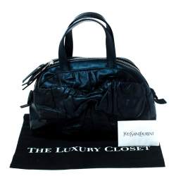 Pre Owned Saint Laurent Paris Dark Navy Blue Pleated Bow Leather Satchel