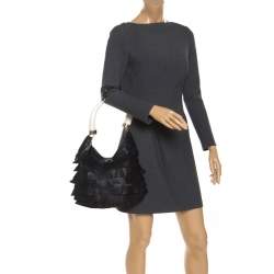 Saint Laurent Paris Black Ruffle Leather St Tropez Horn Hobo