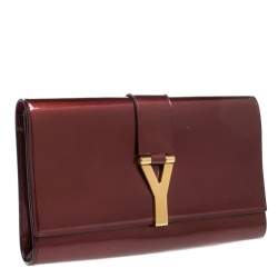 Pre Owned حقيبة كلتش سان لوران باريس شيك كبيرة جلد عنابي لامع