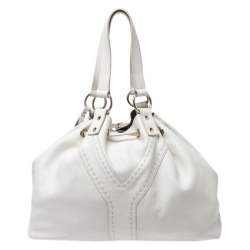 Pre Owned Yves Saint Laurent White/Grey Leather Reversible Double Sac Y Tote