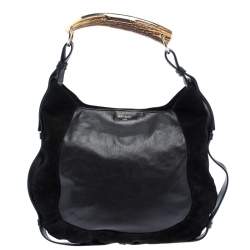 Pre Owned Saint Laurent Paris Black Leather and Suede Studded Mombasa Hobo