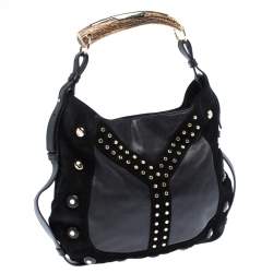 Pre Owned Saint Laurent Paris Black Leather and Suede Studded Mombasa Hobo