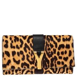 مملوكة مسبقًا Saint Laurent Brown/Black Leopard Print Calf Hair and Leather Chyc Clutch