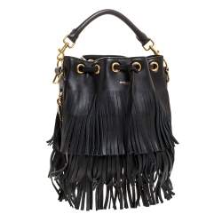 Pre Owned Saint Laurent Black Leather Small Emmanuelle Fringed Bucket Bag