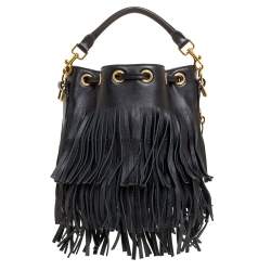 Pre Owned Saint Laurent Black Leather Small Emmanuelle Fringed Bucket Bag