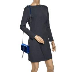 Pre Owned Saint Laurent Metallic Blue Crackled Leather Kate Tassel Wallet on Chain 